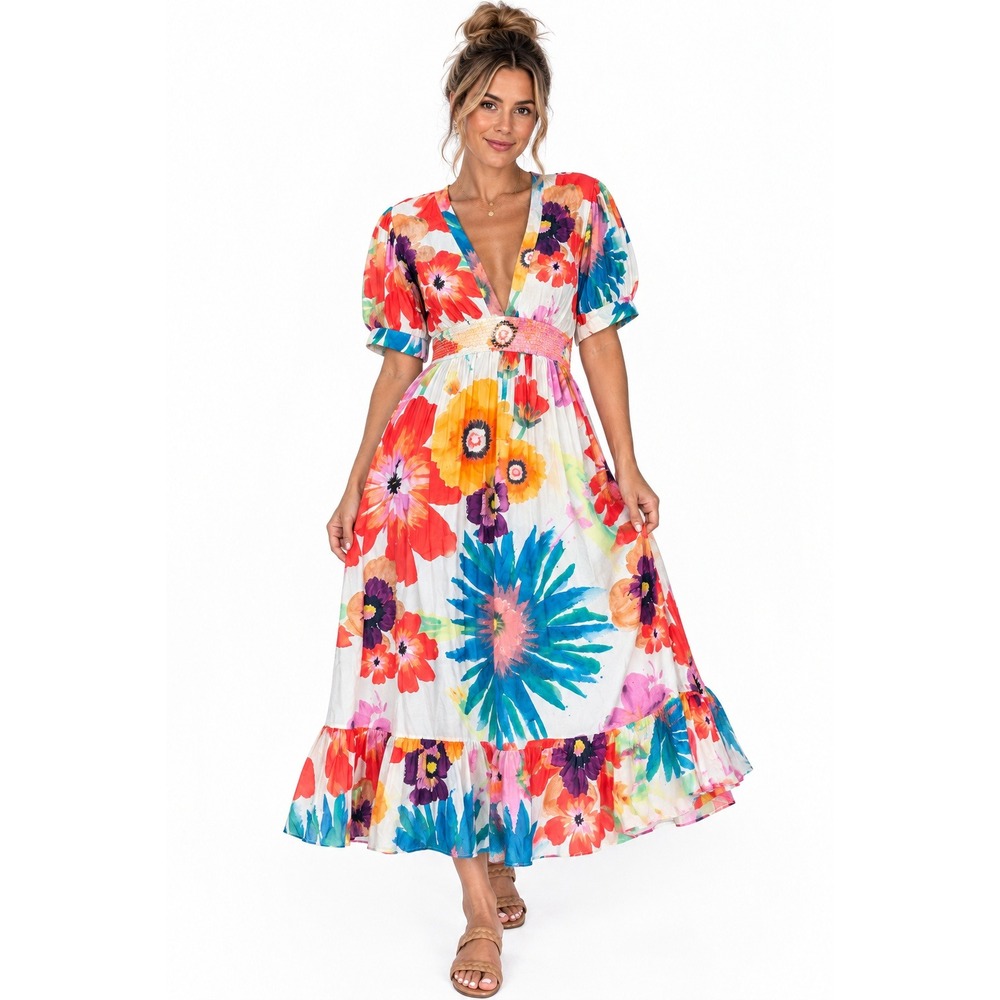 Carolina K Maxi Dress Floral Cotton Silk Smocked Waist Boho Small